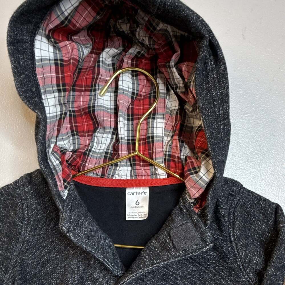 6 Month Baby Boy Carters Red and Black Plaid Jacket with Hood - Picture 4 of 5